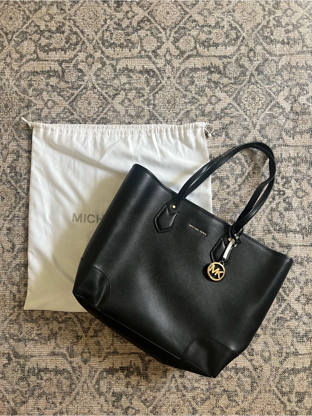 NWT Michael Kors Black Leather Tote with Gold Logo Medallion